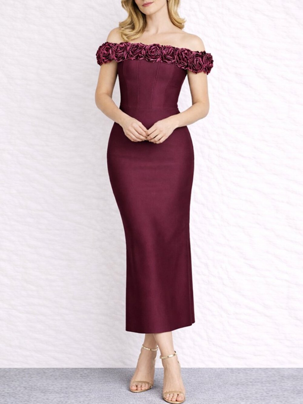 Stunning Maroon Bodycon Evening Dress - Off-Shoulder Flowers